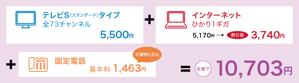 テレビS（スタンダード）タイプ全73チャンネル5,500円＋インターネットひかり1ギガ4,840円→割引後 3,410円＋固定電話基本料 1,463円 全部で 10,373円